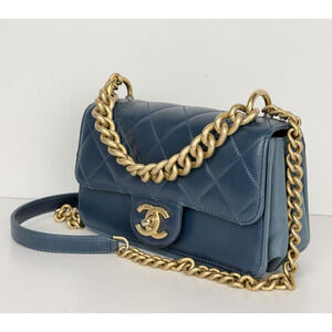 Chanel Mini Straight-Lined Flap Bag Blue Leather Shoulder Bag 2018-2019
